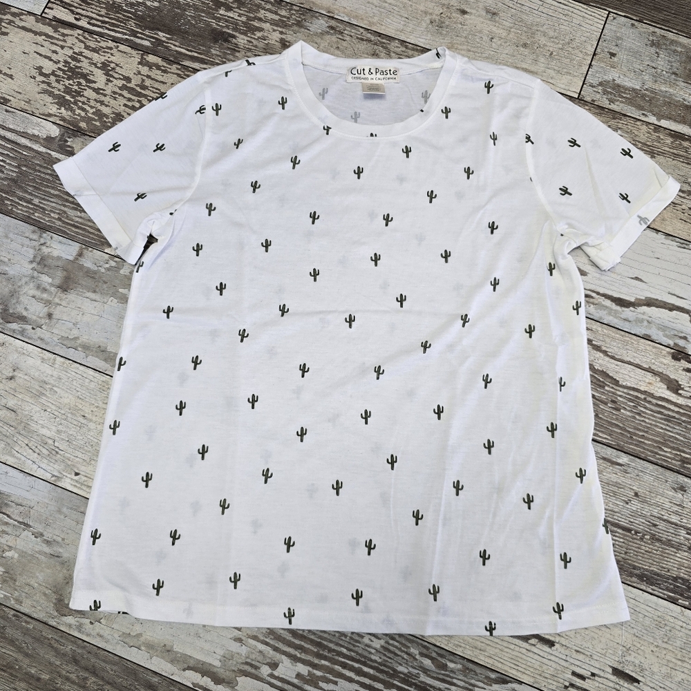 Cut & Paste Cactus Print Crew Neck Short Sleeve Women's Top Size XL